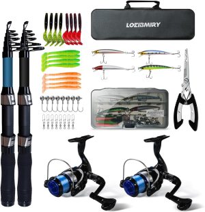 2 Pack 2.1m/6.89ft Telescopic Spinning Fishing Rod Reel Combos with Carrier Bag, Lures, Pliers for Saltwater Freshwater Fishing