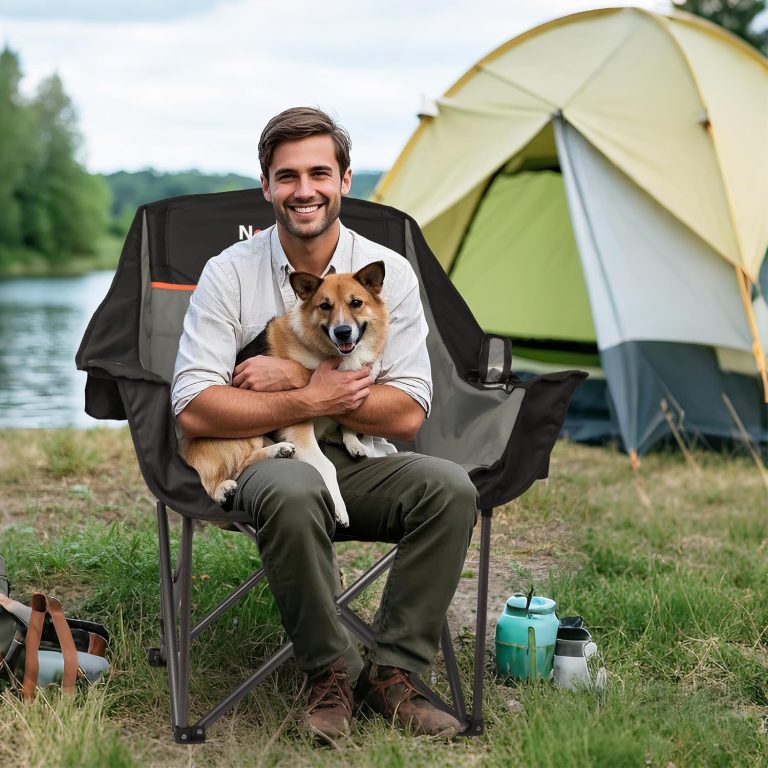 2 Pack Big Heavy Duty Camping Chairs with Cooler Bags, XL Fully Padded Folding Portable Camping Chairs for Adults, Oversized Outdoor Patio Lawn Chair with Arm Cup Holder Supports 450lbs