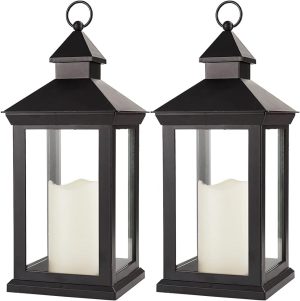Bright Zeal 2-Pack 14" Decorative Candle Lantern Black Outdoor Lanterns with Timer Candles - IP44 Waterproof Vintage Lanterns Battery Powered LED Decorative for Wedding - Warm White Hanging Wall