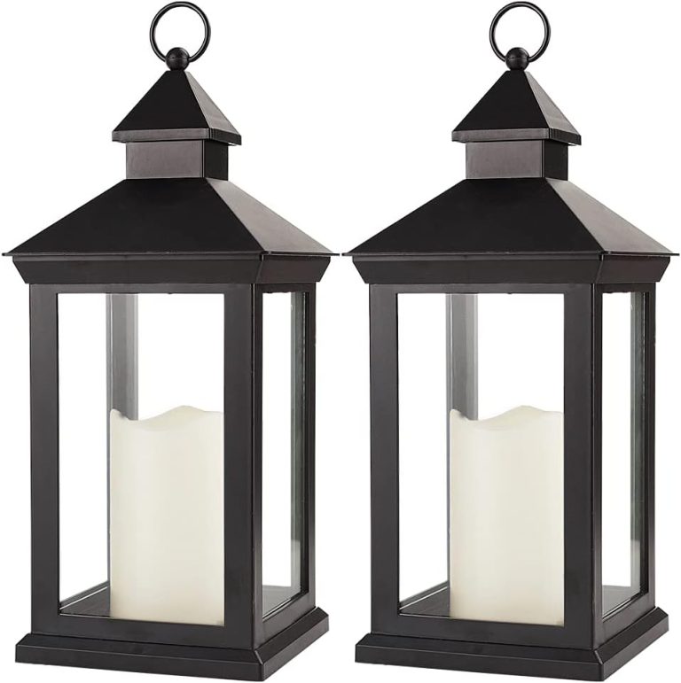 Bright Zeal 2-Pack 14″ Decorative Candle Lantern Black Outdoor Lanterns with Timer Candles – IP44 Waterproof Vintage Lanterns Battery Powered LED Decorative for Wedding – Warm White Hanging Wall